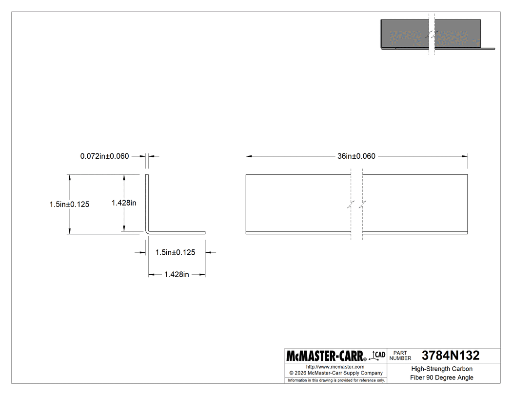Technical Drawing of High-Strength Carbon Fiber 90 Degree Angle, Square Inside Corner, 1-1/2" x 1-1/2" Outside, 36" Long.